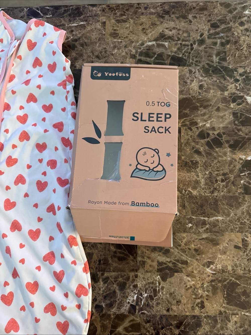 YooFoss 0.5 TOG Bamboo Sleep Sack - White with Coral Heart Print